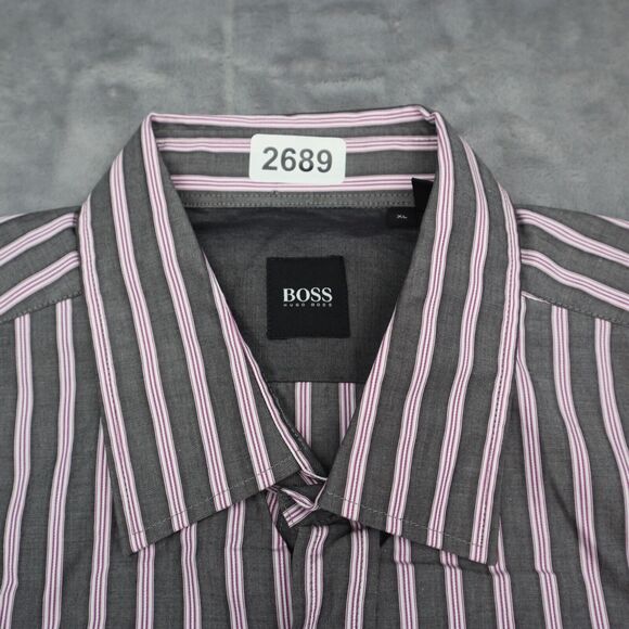 Hugo Boss Shirt Mens XL Gray Purple Striped Flip Cuff Office Button Up Dress - Picture 11 of 16